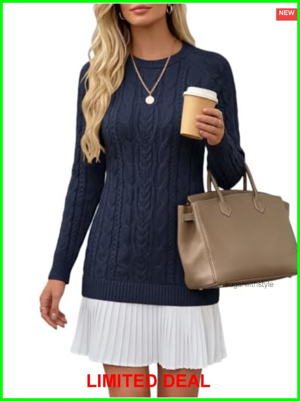 Cable Knit Sweater Dress Long Sleeve Pleated Mini - Picture 1 of 6